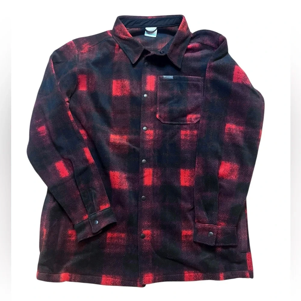 Columbia Mens Large Tall Steens Mountain Fleece Shirt Jacket Red Plaid Red Black